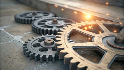 Gears in motion with sparks flying, showcasing industrial mechanics and engineering