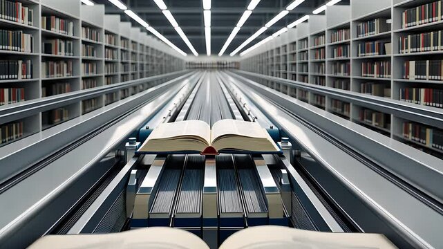Automated Library System with Open Books on Conveyor Belt and Endless Rows of Shelves


