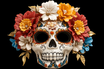 Day of the Dead Sugar Skull Mask with Vibrant Floral Decorations