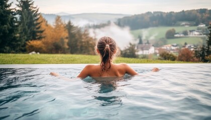 Fototapeta premium Woman Relaxes in Infinity Pool Overlooking Scenic Foggy Autumn Mountain Valley, Wellness Retreat