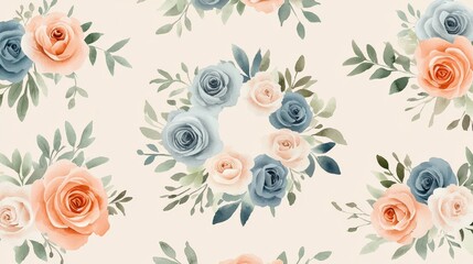 Pastel peach and blue rose watercolor pattern