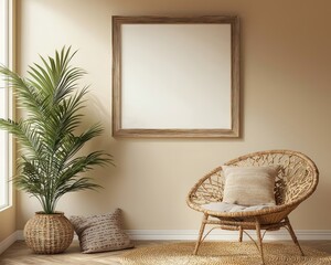 Horizontal wooden frame mockup in a warm neutral beige room with a wicker armchair, boho pillow, palm plant, and jute rug
