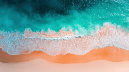 Obraz premium Aerial View Of Turquoise Ocean Waves Crashing On Sandy Beach