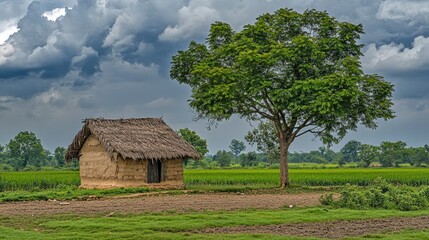 Rural Hut Beside Tree Under Storm Clouds