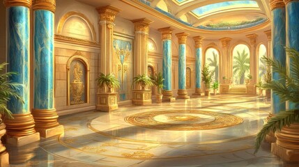 Obraz premium Sunlit grand hall with marble floor, columns, and plants.