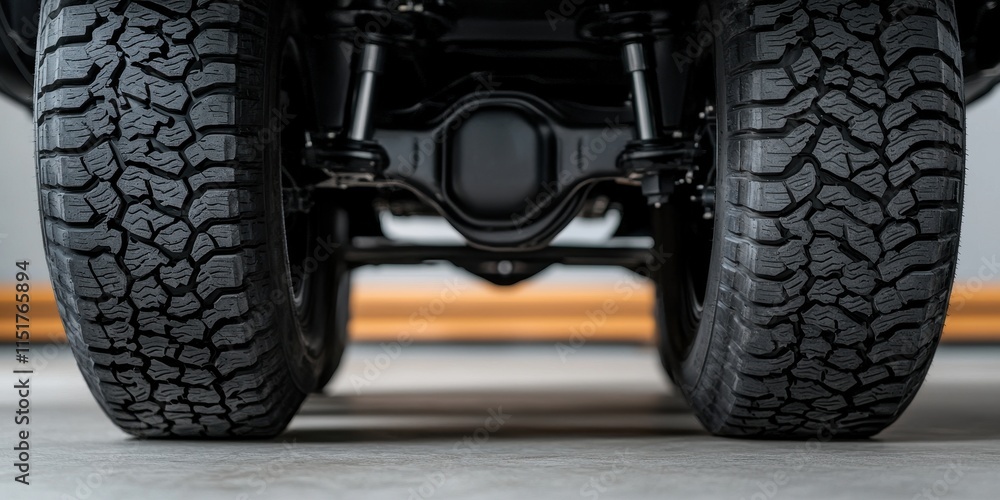 Poster close-up view of vehicle tires showcasing tread patterns and suspension components, emphasizing dura