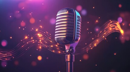 A sleek, modern microphone surrounded by subtle, dynamic soundwaves or light rings that represent audio flow
