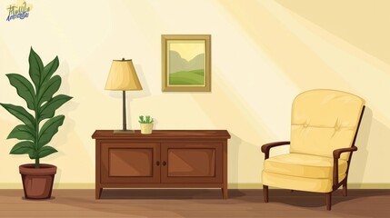 Sunlit living room with armchair, cabinet, plant, and lamp.