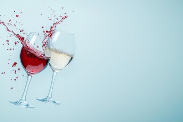 Dynamic splash of red and white wine glasses clinking against a clear blue background, capturing the lively essence of celebration and elegance in a minimalist composition.