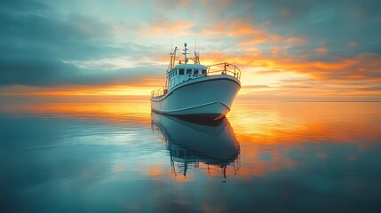 White fishing vessel on calm ocean at sunset. Golden hour lighting with mirror reflection on water. Peaceful seascape with dramatic sky colors. Panoramic view of tranquil sea in cinematic composition