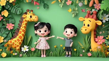 Naklejka premium Children and Giraffes in a Lush Green Garden Setting
