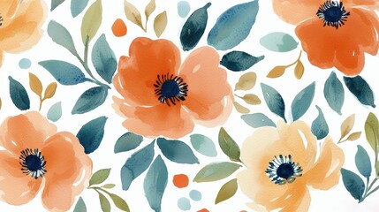 Watercolor floral pattern; peach, orange, and yellow blooms