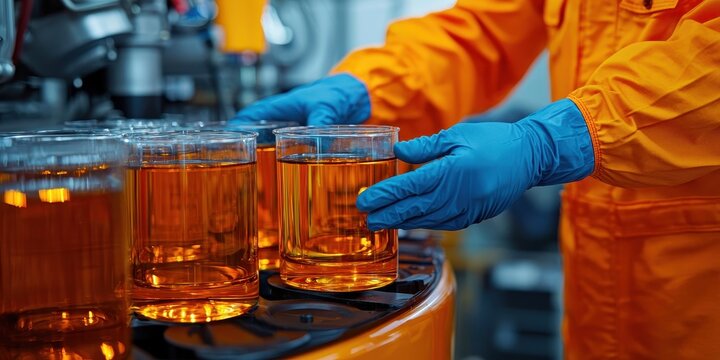 A worker in protective gear handles jars of amber liquid in a factory setting, showcasing safety and industrial processes.