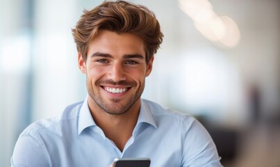 Obraz premium Smile happy young Business man reading a message on a mobile phone in an office