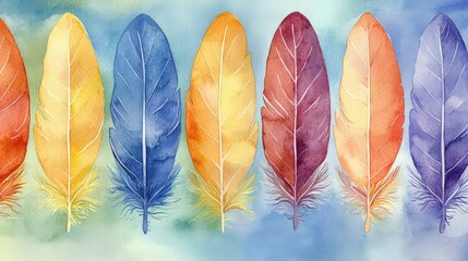 Fototapeta premium Watercolor painting of colorful feathers in a row