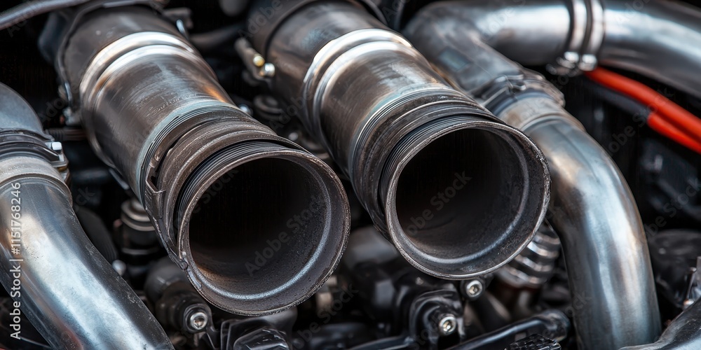 Poster close-up of metallic engine pipes showcasing the intricate design and detailing, highlighting perfor