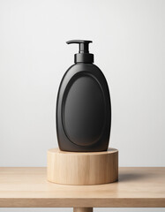 Obraz premium Sleek black dispenser bottle on a wooden stand, showcasing minimalist product design for liquid soap or lotion, Ai generated images