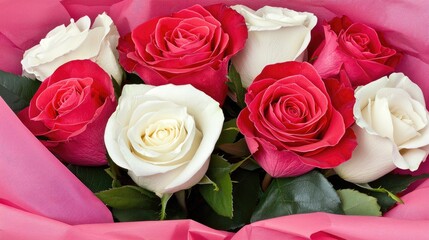 Fototapeta premium Beautiful rose bouquet arrangement floral display indoor setting vibrant colors close-up view gift concept