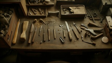 Fototapeta premium Antique Woodworking Tools Arranged On A Dusty Workbench
