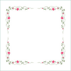 Green vegetal frame with pink rose flowers, rose thorns, climbing, decorative corners for greeting cards, banners, business cards, invitations, menus. Isolated vector illustration.	

