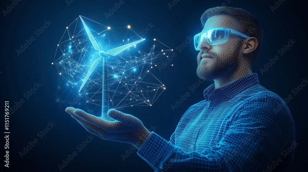Poster an engineer showcasing a compact wind turbine model and solar cell, isolated on a dark blue backgrou