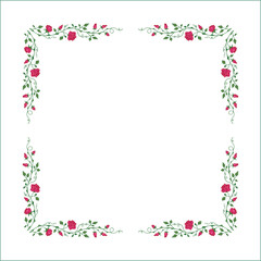 Green vegetal frame with pink rose flowers, rose thorns, climbing, decorative corners for greeting cards, banners, business cards, invitations, menus. Isolated vector illustration.	
