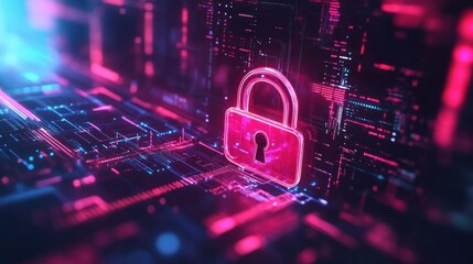 Glowing padlock on digital circuit board.