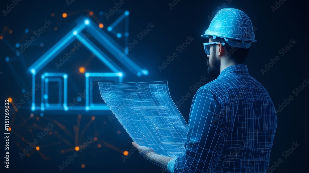 Poster a professional showcasing blueprints for smart home devices, isolated on a dark blue futuristic back