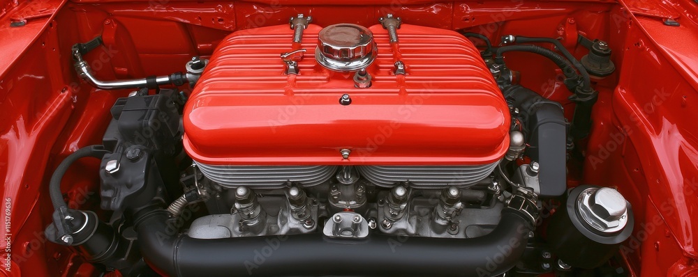 Poster a vibrant red engine with a polished finish, showcasing intricate components, designed for high perf