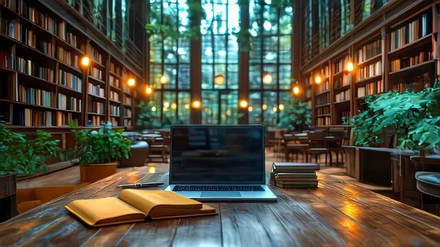 Minimalist desk setup with a laptop, books, plants, and a yellow notepad in a cozy library background