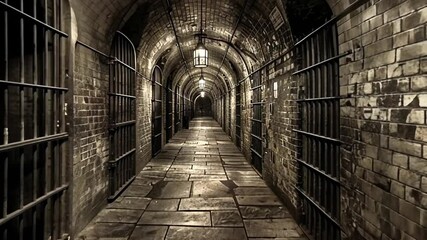 A long, dimly lit corridor connects several prison cells, featuring exposed brick walls and iron bars. Vintage lamps cast shadows on the stone floor, enhancing the historic atmosphere