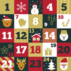 Colorful Advent Calendar with Christmas Symbols and Numbers