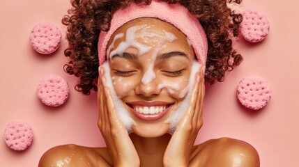 Happy woman cleansing face with foam.