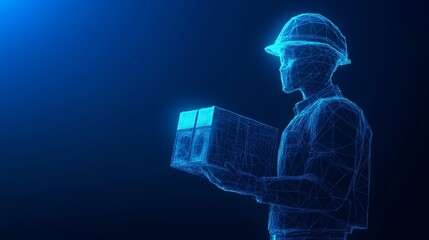 A professional holding cutting-edge construction materials, positioned on a dark blue background with sleek low poly wireframe designs.