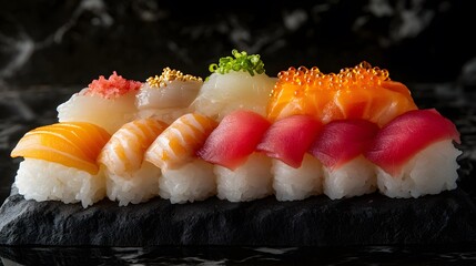 A beautifully arranged platter of sushi showcasing various types and colors.