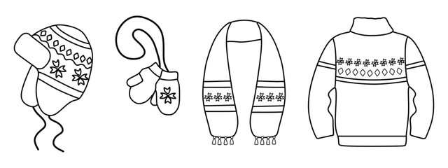 Set of cozy warm winter clothes: hat, mittens, knitted sweater and scarf. Vector illustration on white background.