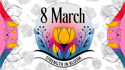 Women&rsquo;s Day card with March 8th design and glowing floral elements