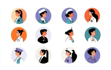 Fototapeta premium A collection of round avatar icons showing men and women in office uniforms, with each person depicted on a white background. 