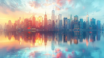 new york skyline double exposure, light colours, clean modern look for financial newsletter service
