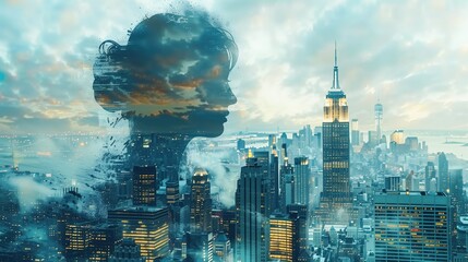 new york skyline double exposure, light colours, clean modern look for financial newsletter service