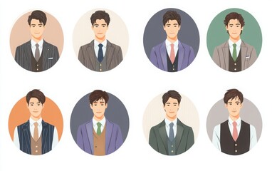 Round avatar icons of business people, both men and women, wearing office uniforms, set against a white background. 