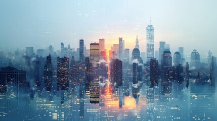 new york skyline double exposure, light colours, clean modern look for financial newsletter service