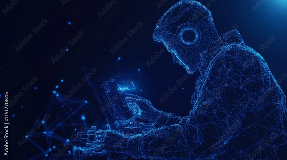 Poster a professional examining robotic components, set against a dark blue background with glowing low pol