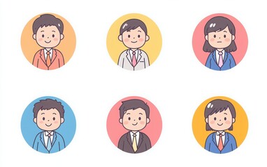 Fototapeta premium Set of circular icons with an office worker in a suit, drawn in a simple Japanese manga style. 