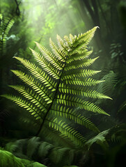 A vibrant fern illuminated by soft light in a lush, green forest.