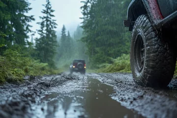 Off-road vehicles navigate a muddy forest trail in heavy rain near a misty mountain landscape