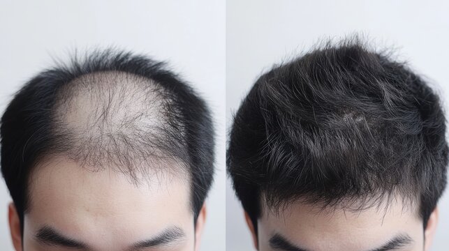close-up, high angle view, comparison photo of a man's hair before and after hair loss treatment, the left image shows a bald spot, and the right image shows thick hair