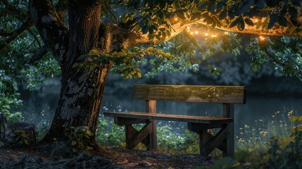 A rustic wooden bench under a tree, softly illuminated by ambient light
