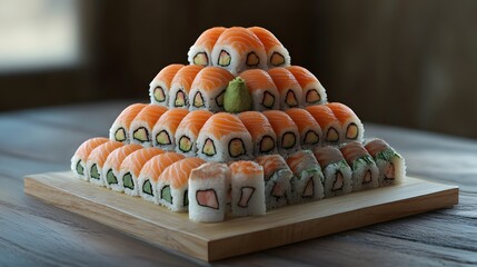 A beautifully arranged pyramid of sushi on a wooden platter, showcasing various types of rolls.
