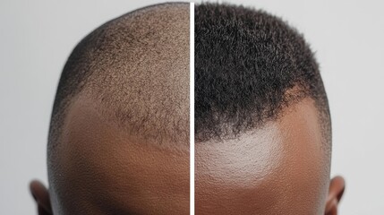 close-up, high angle view, comparison photo of a man's hair before and after hair loss treatment, the left image shows a bald spot, and the right image shows thick hair